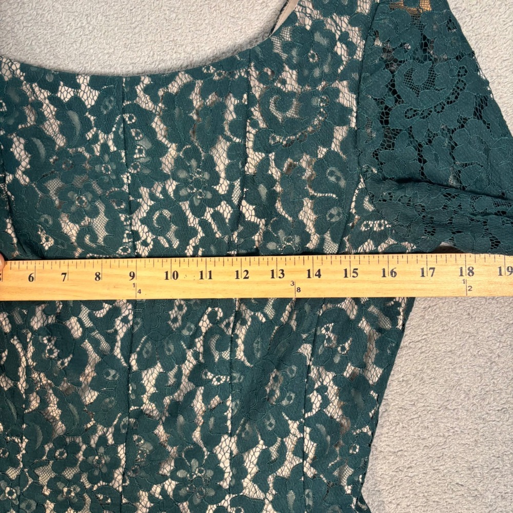 Eliza J Lace Fit N Flare Dress Size 6 Evergreen Lined Midi Illusion Lace Overlay - Picture 11 of 12